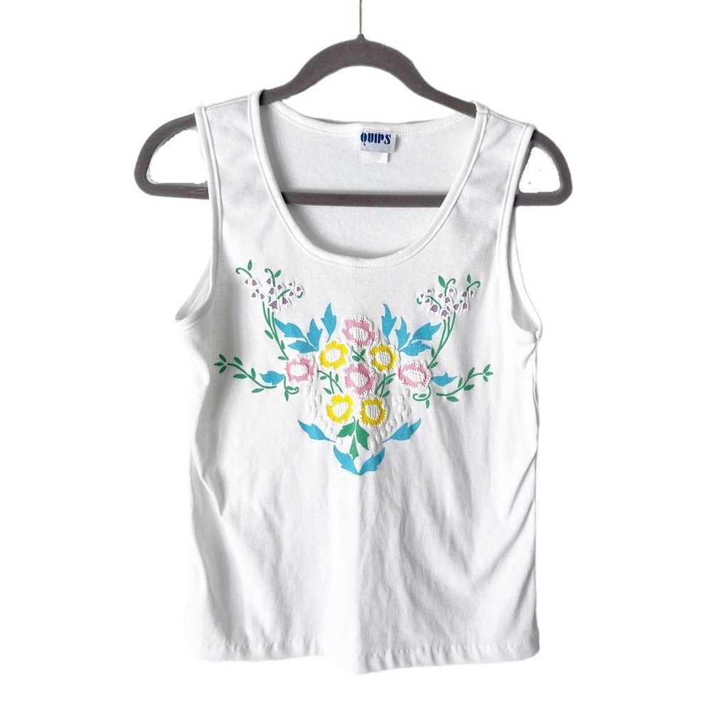 Vintage Quips White Floral Puff Print Tank Top Sleeveless Scoop Neck Size Medium